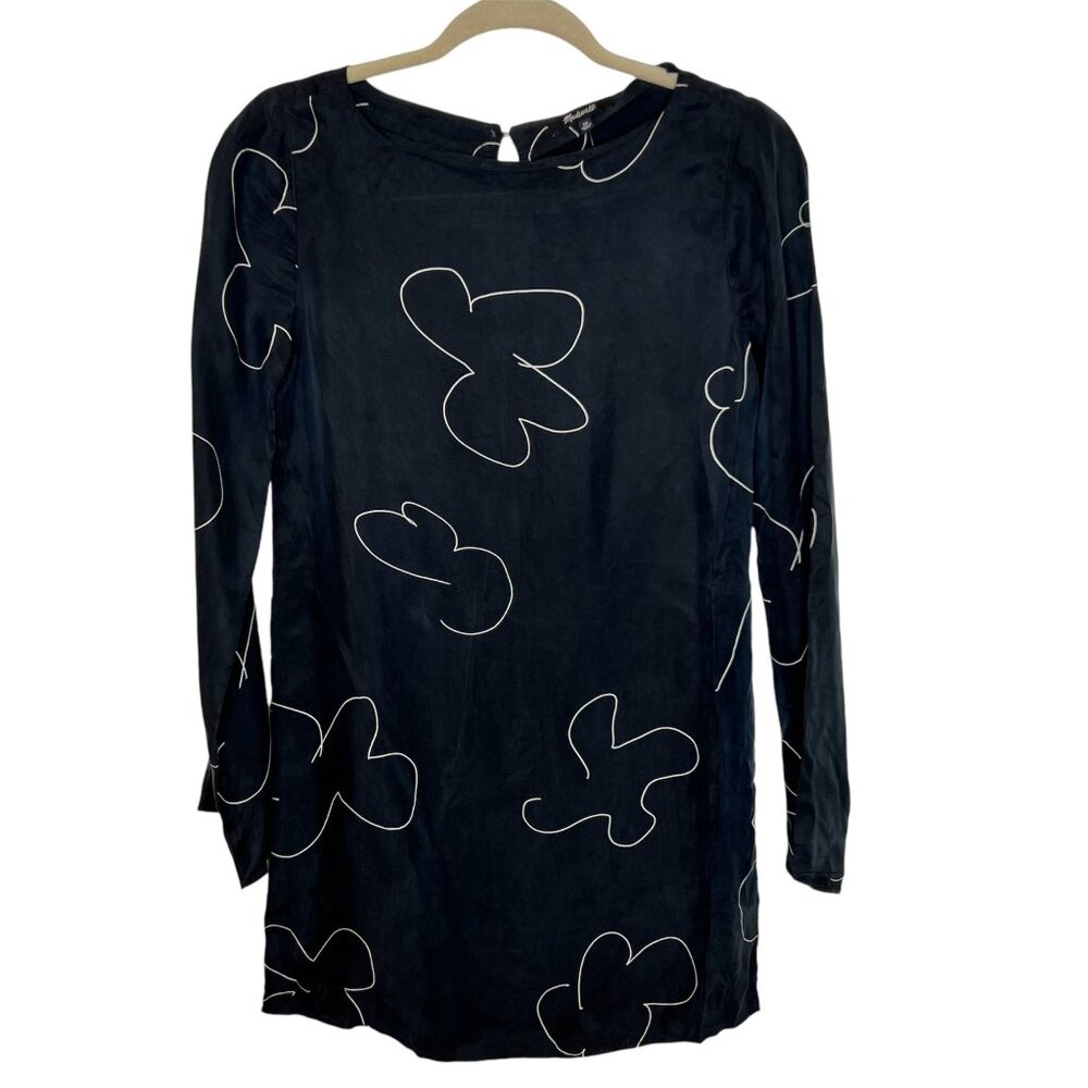 Madewell XS Black & White Floral Shift Mini Dress Long Sleeve NWT